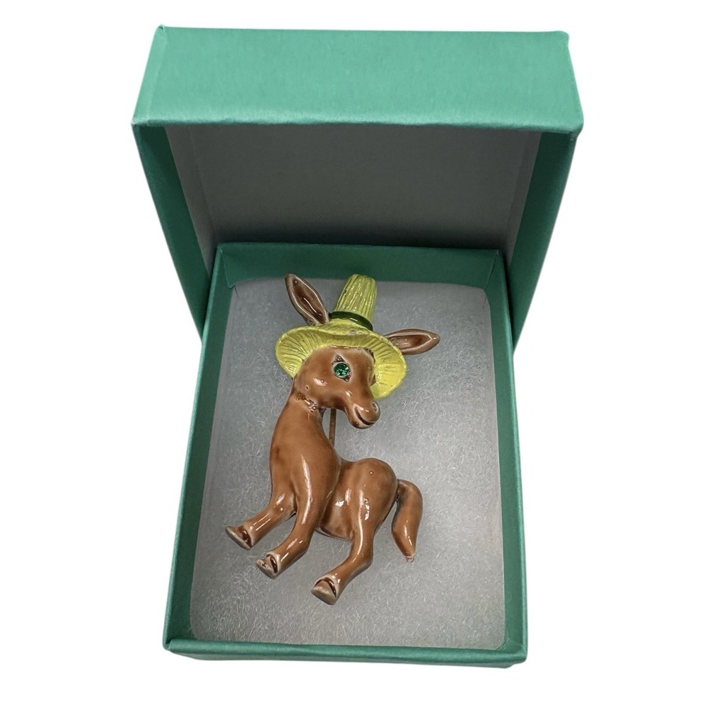 Vtg Gerry's Enamel Donkey Brooch Brown & Yellow Hat Green Rhinestone Eye Estate